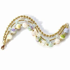REIMAGINED Glass Crackle Bead Multi-Strand Bracelet Gold Tone Pastel Spring 7.5”